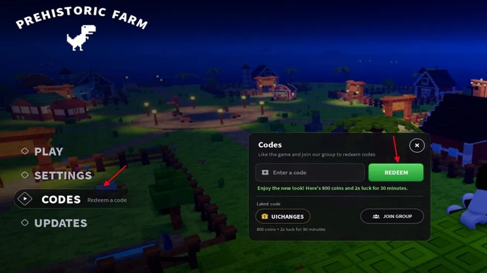Prehistoric Farm village at night with the in-game Codes menu open