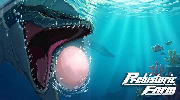 Official Prehistoric Farm key art with a Mosasaurus and an egg